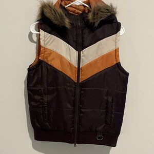 CoffeeShop Brown and Orange Hooded Vest